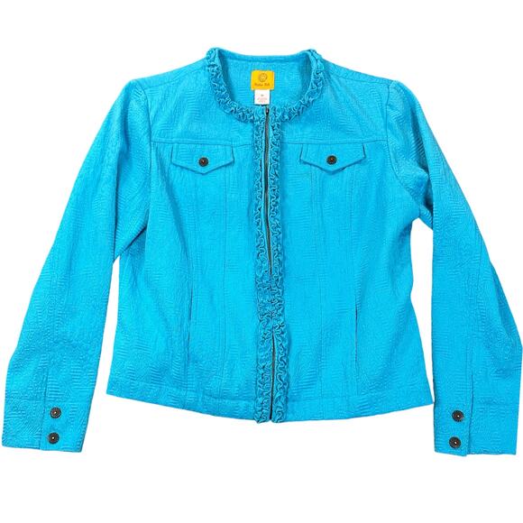Ruby Rd Jacket Womens 12 Teal Blue Ruffle Trim Full Zip Brocade Medium Weight - Picture 1 of 9